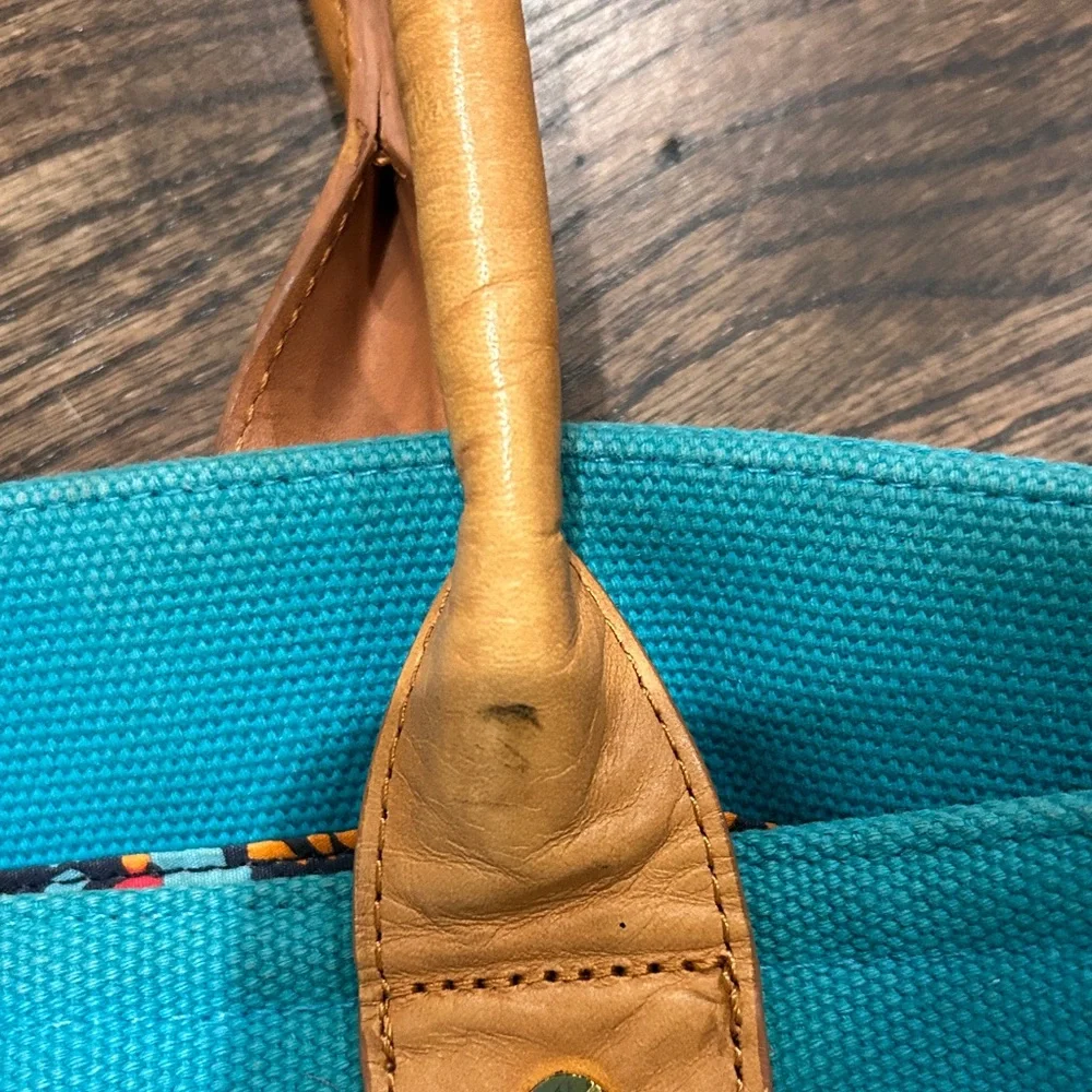 Tory Burch Blue Canvas Tote with Brown Handles - Picture 4 of 5